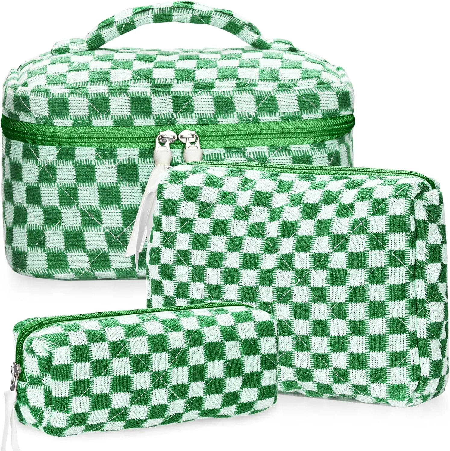 3Pcs Quilted Makeup Bag Set Large Checkered Knitted Cosmetic Bags Cute Coquette Makeup Bag Travel Cosmetic Organizer with Toiletry Pouch & Brush Holder for Women Checkered Mix Green