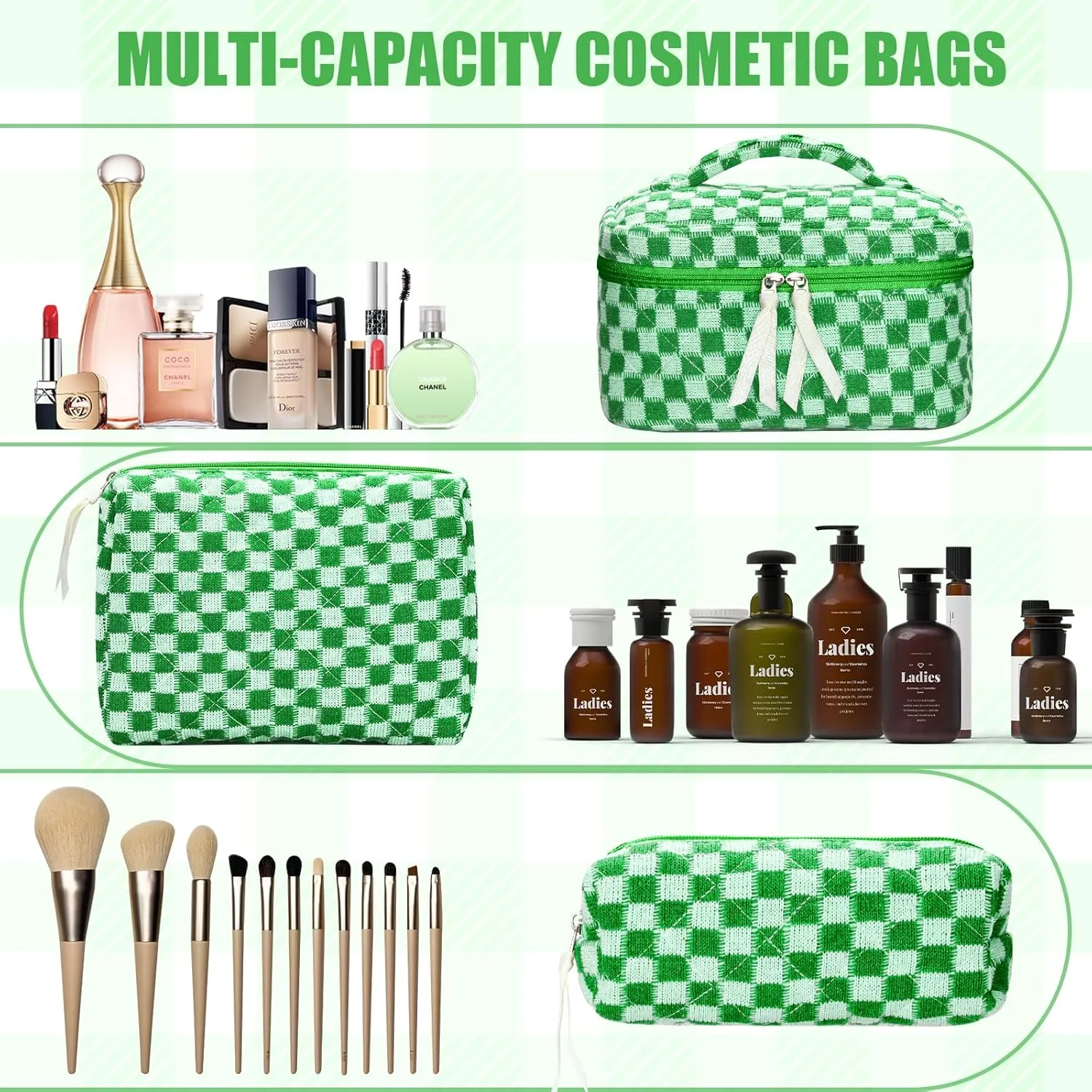 3Pcs Quilted Makeup Bag Set Large Checkered Knitted Cosmetic Bags Cute Coquette Makeup Bag Travel Cosmetic Organizer with Toiletry Pouch & Brush Holder for Women Checkered Mix Green