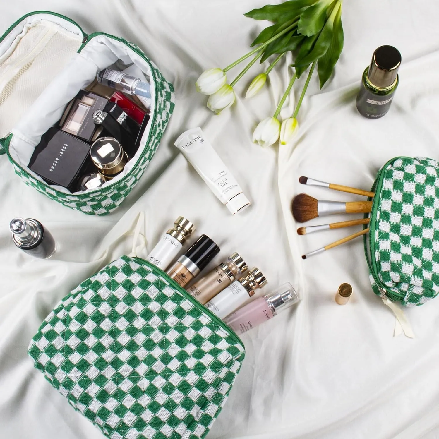 3Pcs Quilted Makeup Bag Set Large Checkered Knitted Cosmetic Bags Cute Coquette Makeup Bag Travel Cosmetic Organizer with Toiletry Pouch & Brush Holder for Women Checkered Mix Green