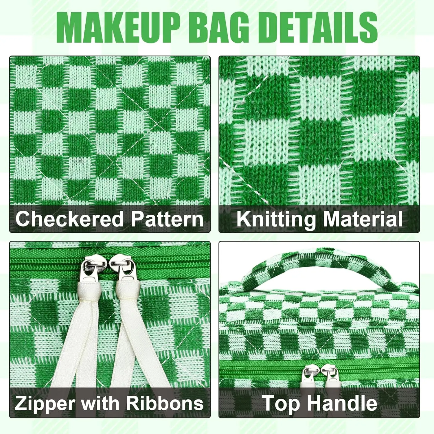 3Pcs Quilted Makeup Bag Set Large Checkered Knitted Cosmetic Bags Cute Coquette Makeup Bag Travel Cosmetic Organizer with Toiletry Pouch & Brush Holder for Women Checkered Mix Green