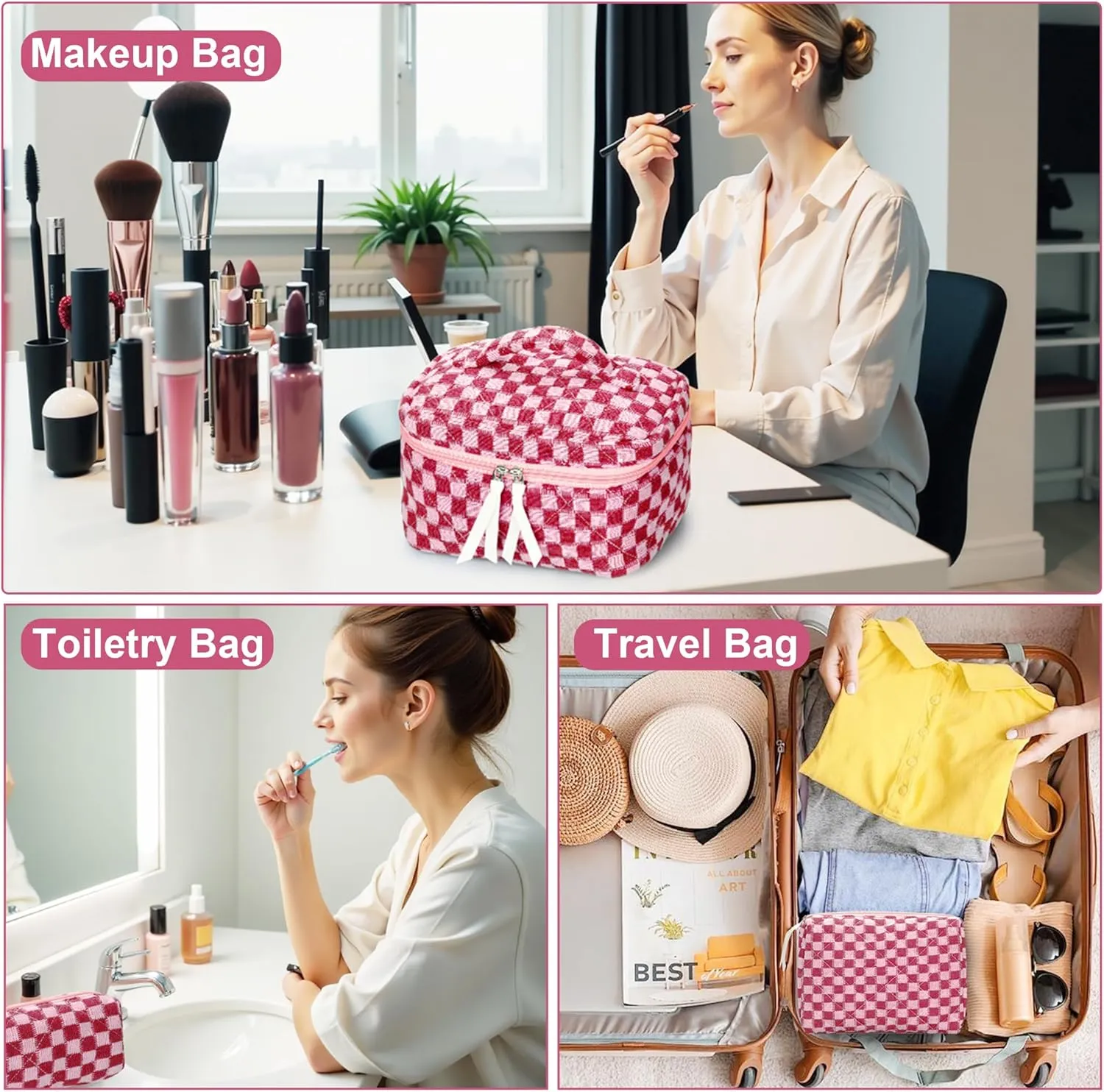 3Pcs Quilted Makeup Bag Set Large Checkered Knitted Cosmetic Bags Cute Coquette Makeup Bag Travel Cosmetic Organizer with Toiletry Pouch & Brush Holder for Women Checkered Mix Hot Pink