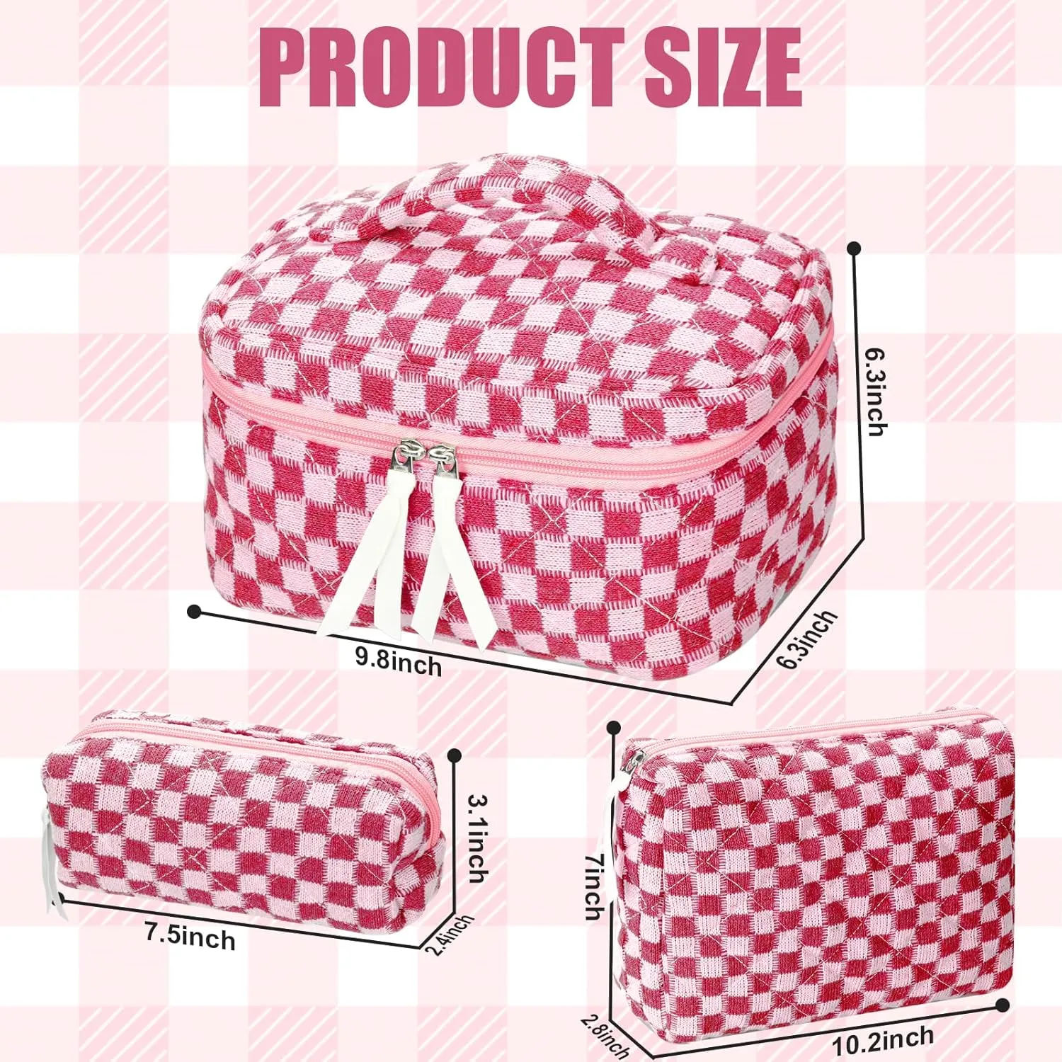 3Pcs Quilted Makeup Bag Set Large Checkered Knitted Cosmetic Bags Cute Coquette Makeup Bag Travel Cosmetic Organizer with Toiletry Pouch & Brush Holder for Women Checkered Mix Hot Pink