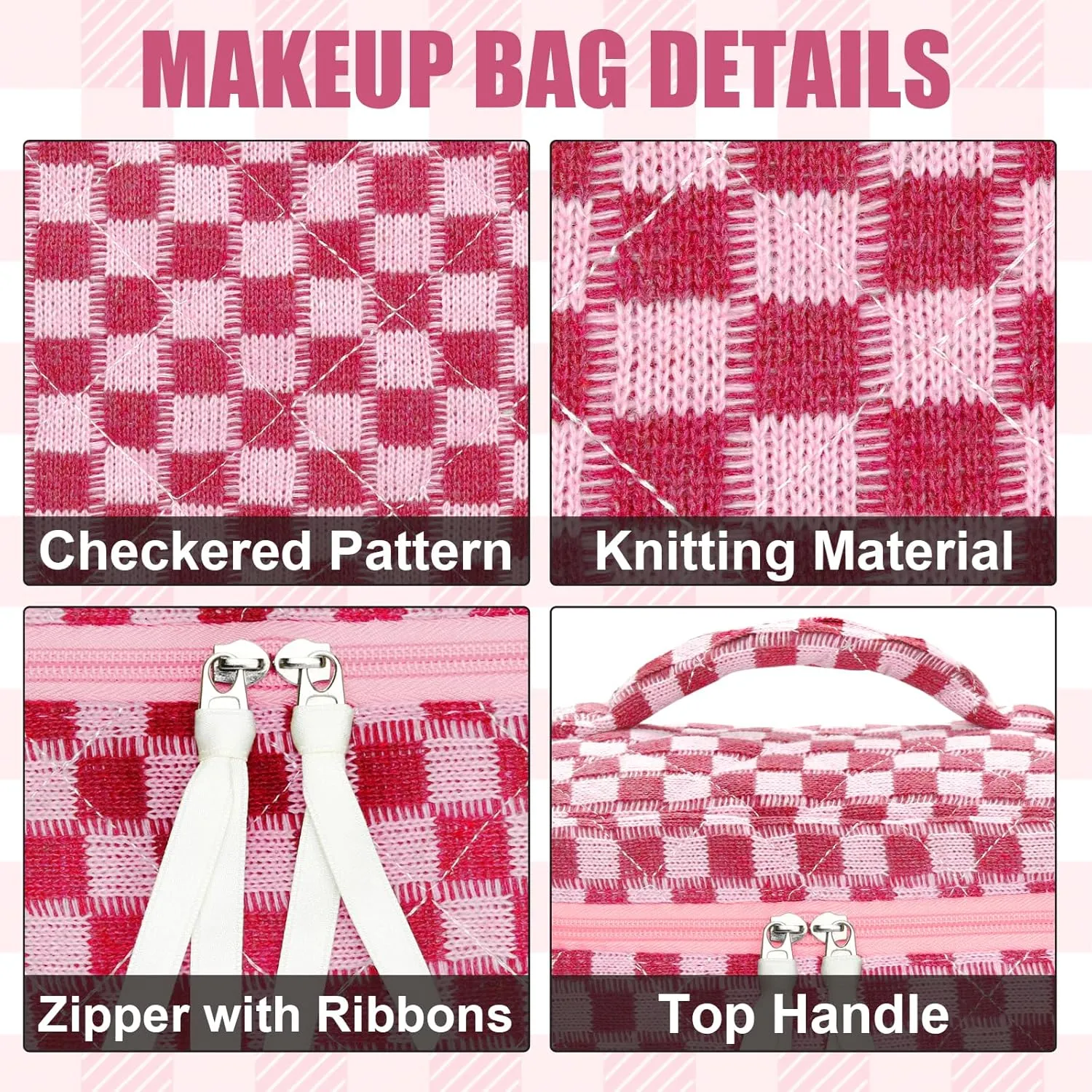 3Pcs Quilted Makeup Bag Set Large Checkered Knitted Cosmetic Bags Cute Coquette Makeup Bag Travel Cosmetic Organizer with Toiletry Pouch & Brush Holder for Women Checkered Mix Hot Pink