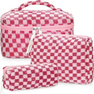 3Pcs Quilted Makeup Bag Set Large Checkered Knitted Cosmetic Bags Cute Coquette Makeup Bag Travel Cosmetic Organizer with Toiletry Pouch & Brush Holder for Women Checkered Mix Hot Pink