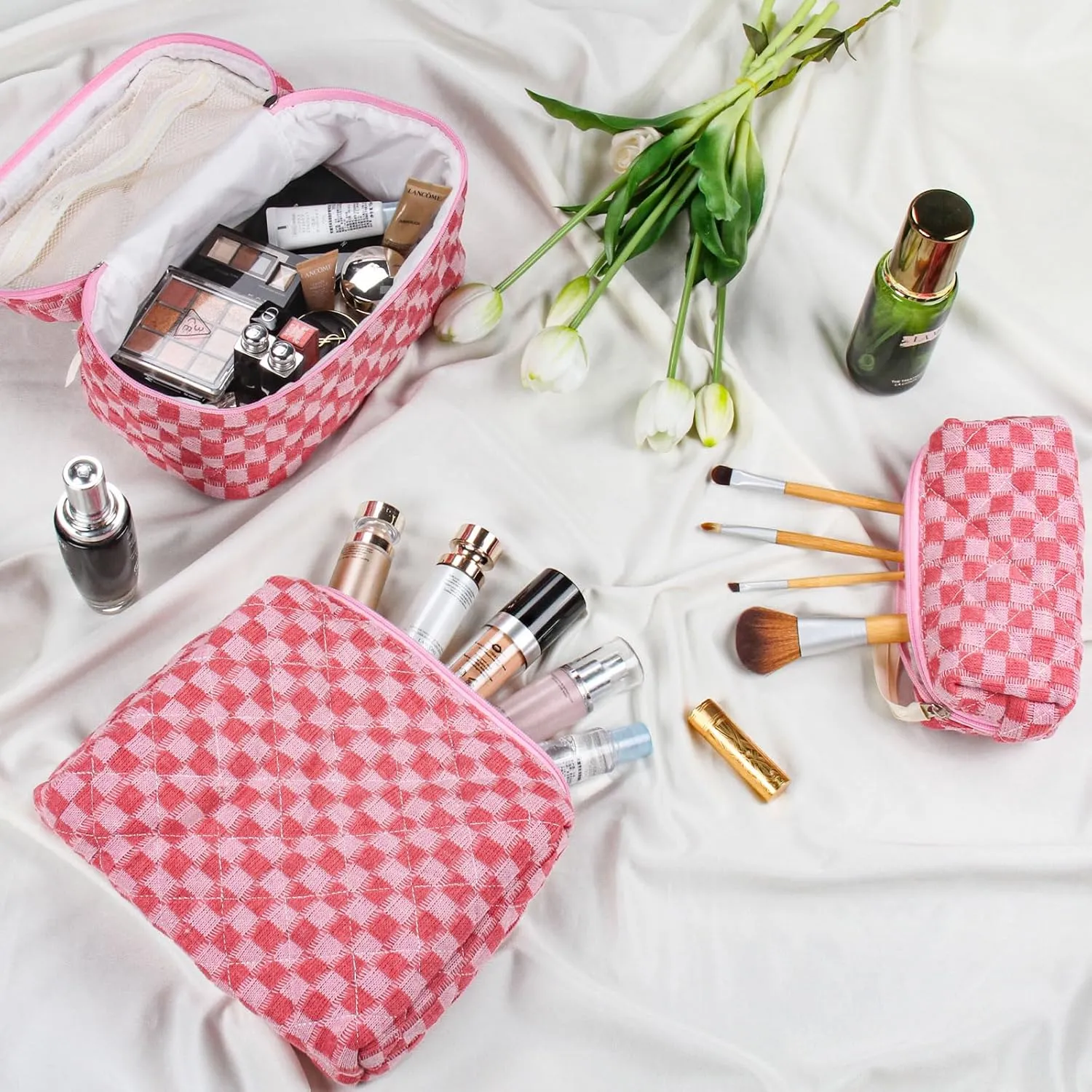 3Pcs Quilted Makeup Bag Set Large Checkered Knitted Cosmetic Bags Cute Coquette Makeup Bag Travel Cosmetic Organizer with Toiletry Pouch & Brush Holder for Women Checkered Mix Hot Pink