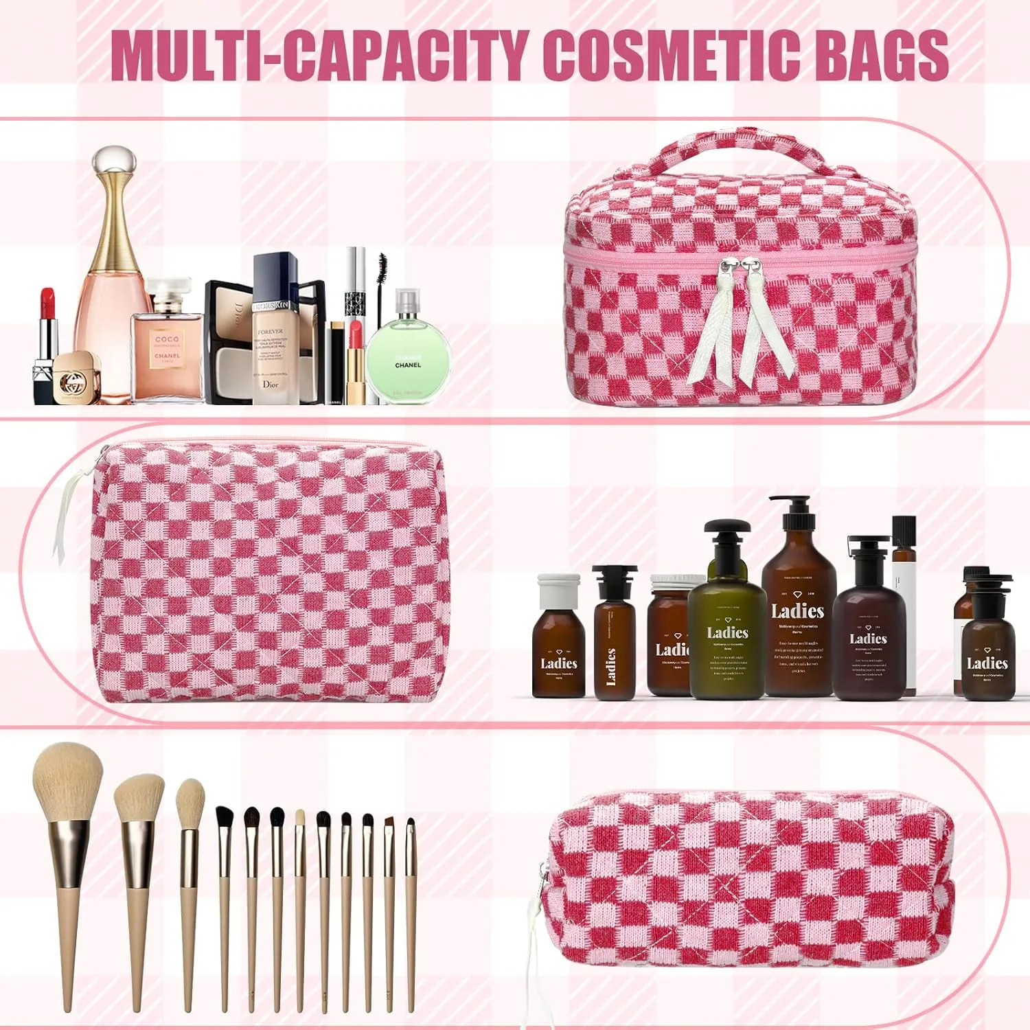 3Pcs Quilted Makeup Bag Set Large Checkered Knitted Cosmetic Bags Cute Coquette Makeup Bag Travel Cosmetic Organizer with Toiletry Pouch & Brush Holder for Women Checkered Mix Hot Pink