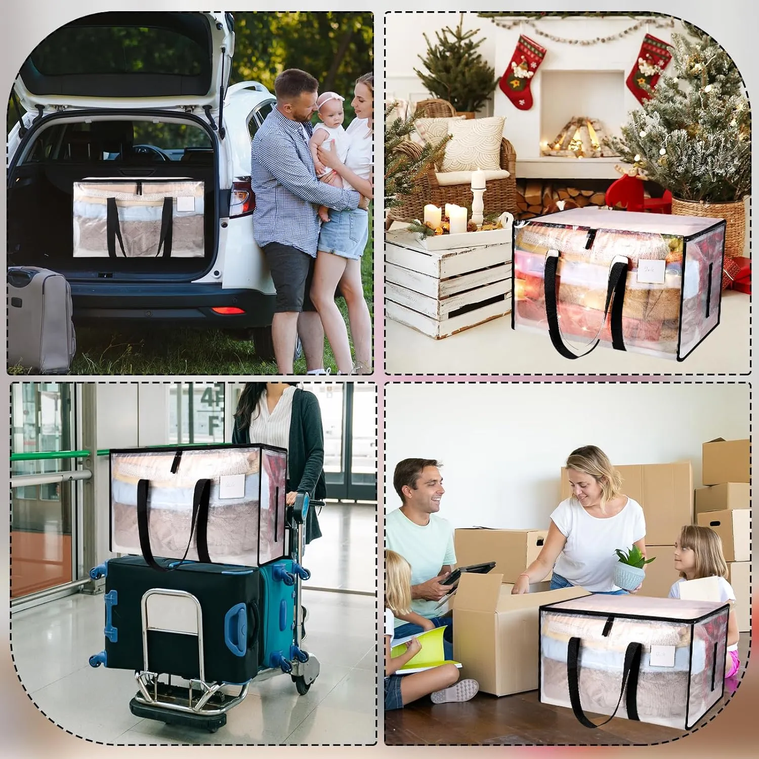 4 Pack Large Clothes Storage Bags with Lids Clear Moving Bags Heavy Duty Moving Totes Packing Bags with Zips for Moving Clothes Bedding Duvet Toys Christmas Storage Containers