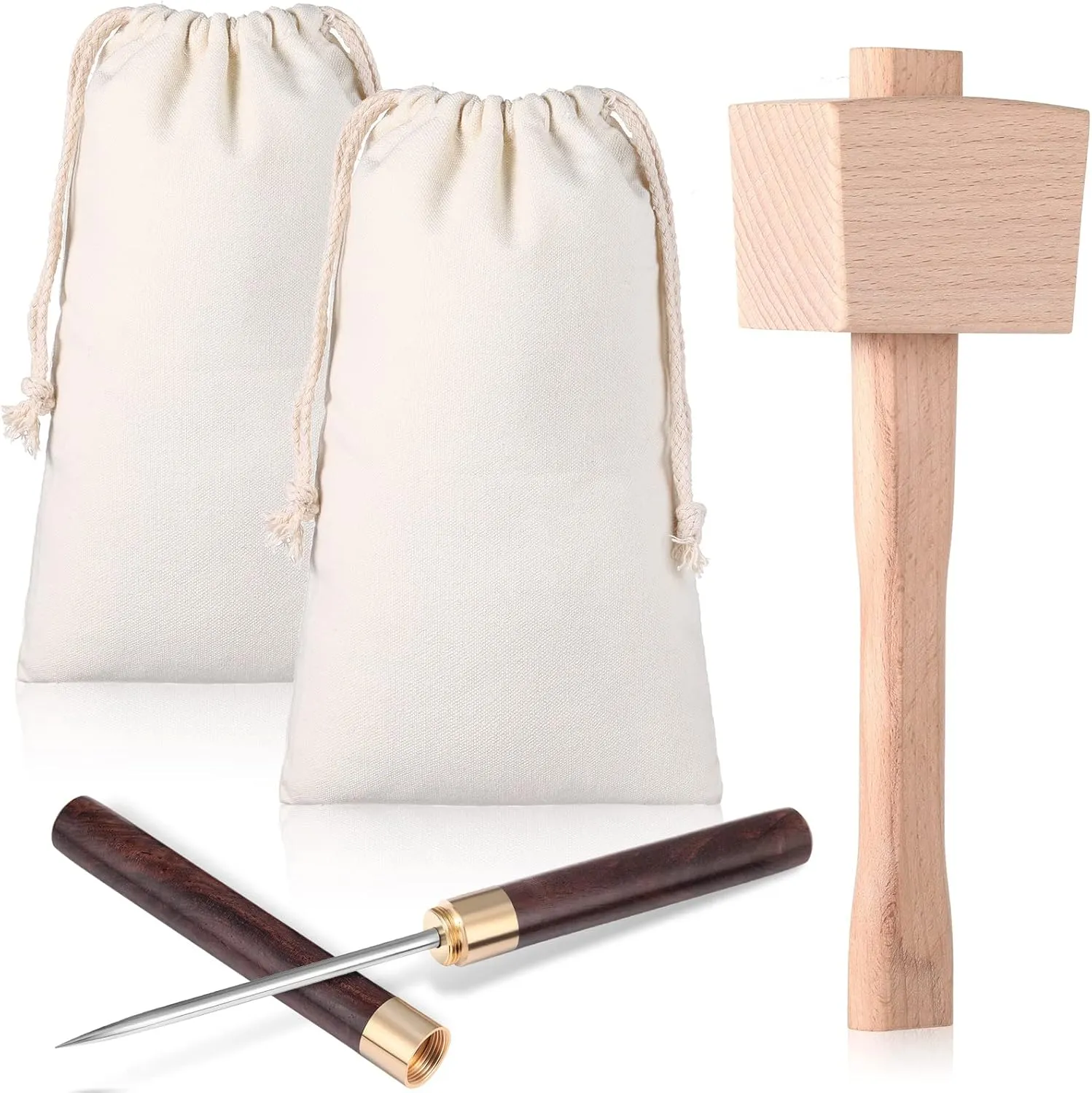 4 Pcs Lewis Bag and Ice Mallet Set, 11.8 x 7.9 Inch Reusable Canvas Crushed Ice Bags with Wooden Handle Hammer Crushers Stainless Steel Pick with Safety Cover for Bar Bartender Tools Kit