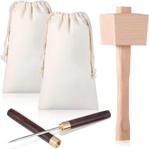 4 Pcs Lewis Bag and Ice Mallet Set, 11.8 x 7.9 Inch Reusable Canvas Crushed Ice Bags with Wooden Handle Hammer Crushers Stainless Steel Pick with Safety Cover for Bar Bartender Tools Kit