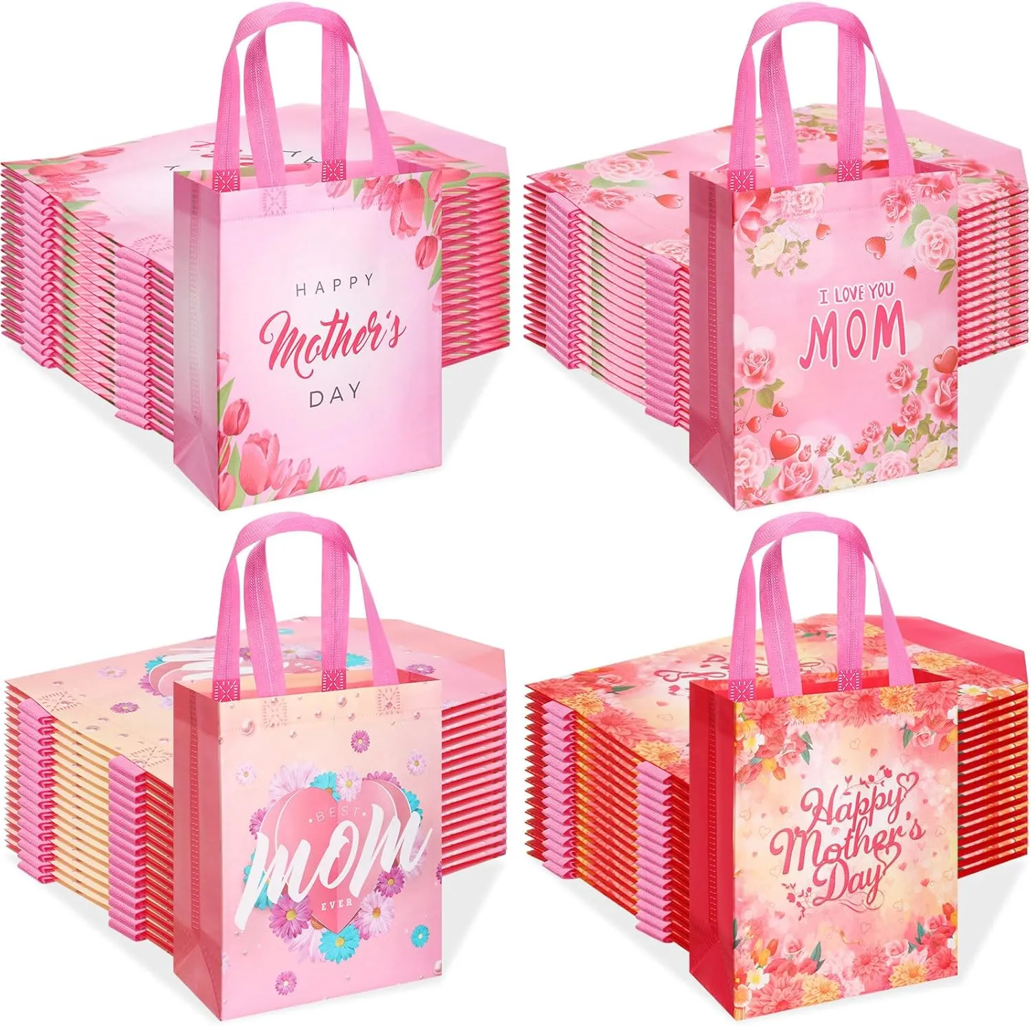 48 Pcs Mother's Day Gift Bags Bulk with Handle Reusable Floral Non Woven Love Mom Treat Goodie Bags Gift Wrap for Mom Grandma Happy Mother's Day Party Favor Supplies