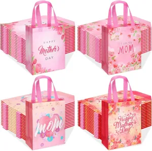 48 Pcs Mother's Day Gift Bags Bulk with Handle Reusable Floral Non Woven Love Mom Treat Goodie Bags Gift Wrap for Mom Grandma Happy Mother's Day Party Favor Supplies
