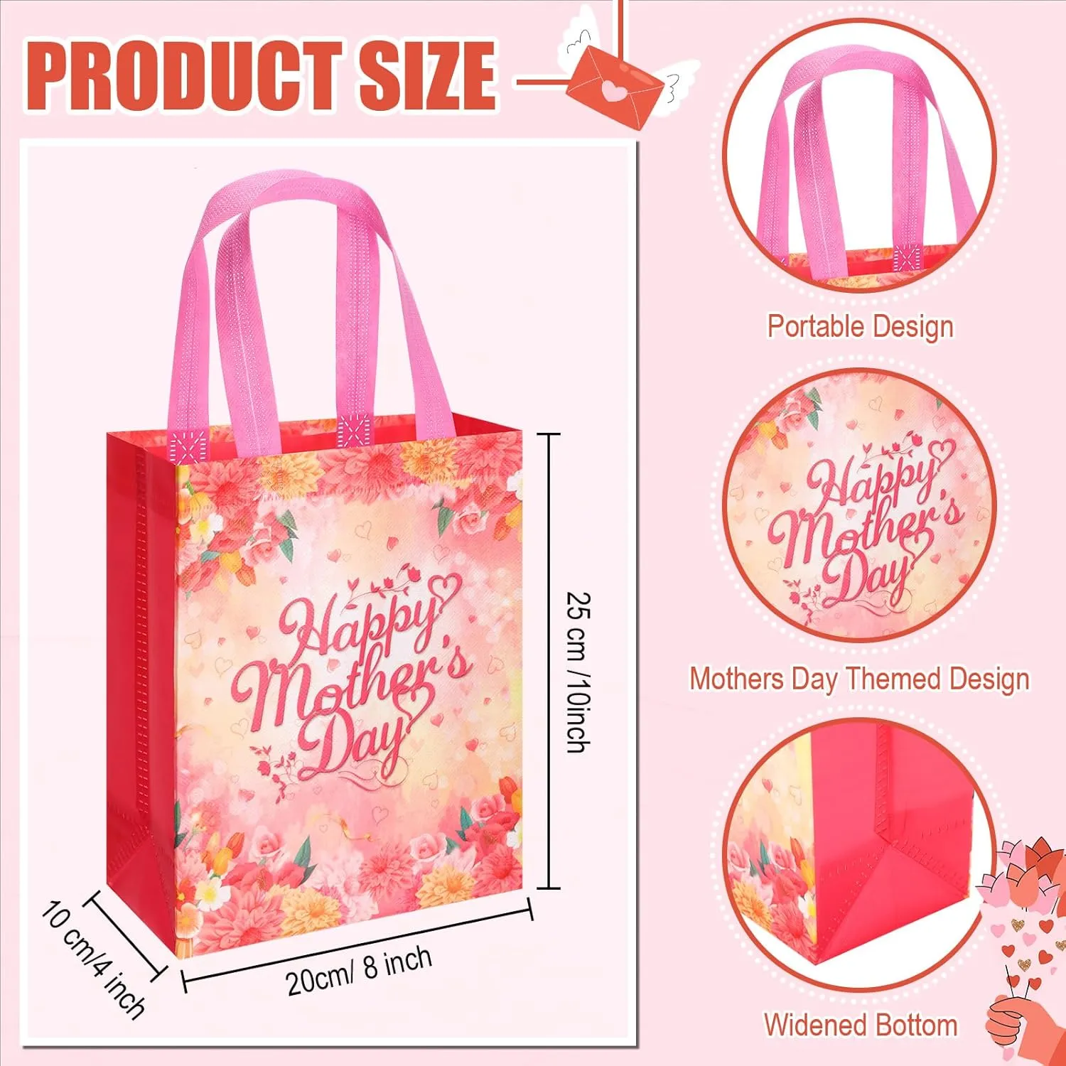 48 Pcs Mother's Day Gift Bags Bulk with Handle Reusable Floral Non Woven Love Mom Treat Goodie Bags Gift Wrap for Mom Grandma Happy Mother's Day Party Favor Supplies