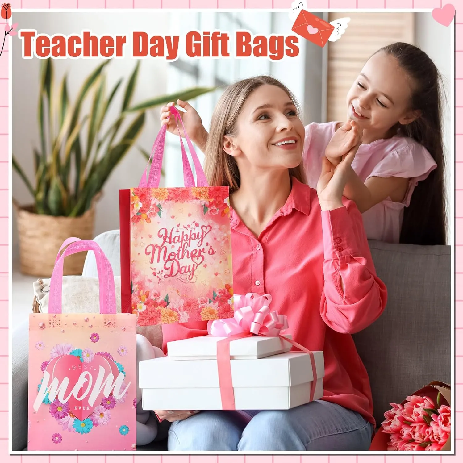 48 Pcs Mother's Day Gift Bags Bulk with Handle Reusable Floral Non Woven Love Mom Treat Goodie Bags Gift Wrap for Mom Grandma Happy Mother's Day Party Favor Supplies
