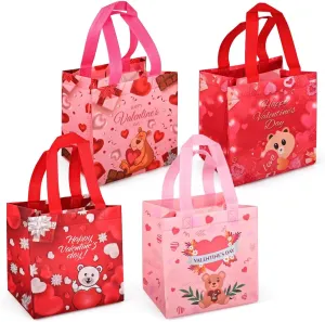 4PCS Happy Valentines Day Reusable Gift Bags, Treat Bags with Handles, Valentines Day Party Bags, Multifunctional Non-Woven Valentines Bags for Gifts Wrapping, Valentines Party Supplies, 7.9 × 7.9 ×