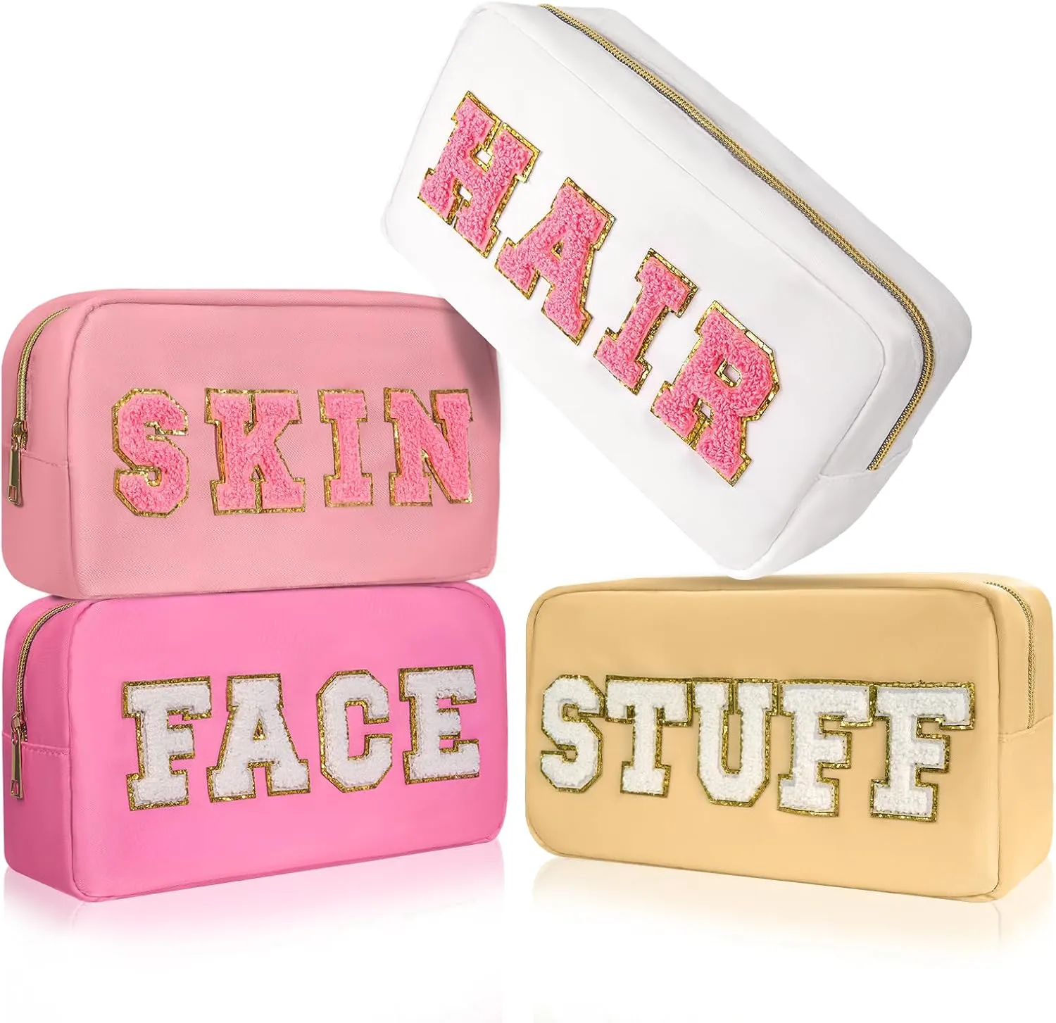 4Pcs Preppy Makeup Bags Set, Cute Varsity Makeup Pouchs, Travel Cosmetic Bags Sewn with Skin/Hair/Face/Stuff Chenille Letter, Portable Nylon Zipper Toiletry Pouch Gifts for Girls Women