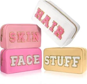 4Pcs Preppy Makeup Bags Set, Cute Varsity Makeup Pouchs, Travel Cosmetic Bags Sewn with Skin/Hair/Face/Stuff Chenille Letter, Portable Nylon Zipper Toiletry Pouch Gifts for Girls Women