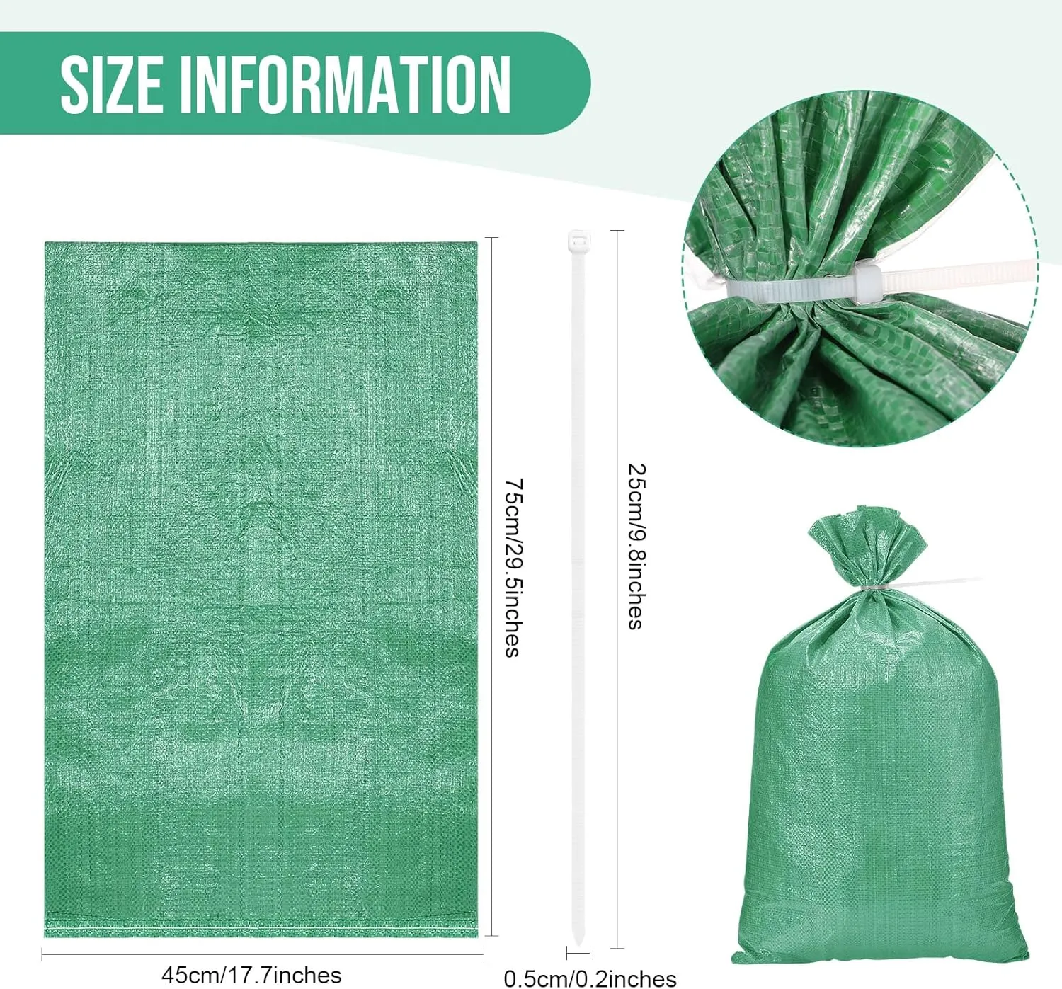 50 Pcs Sand Bags Flood Prevention Sandbags Empty Poly Sandbags 18"x29" Heavy Duty Woven Sand Bag Sacks 100lb with Cable Zip Ties for Flood Protection Erosion Control Hurricane Barrier(Green)