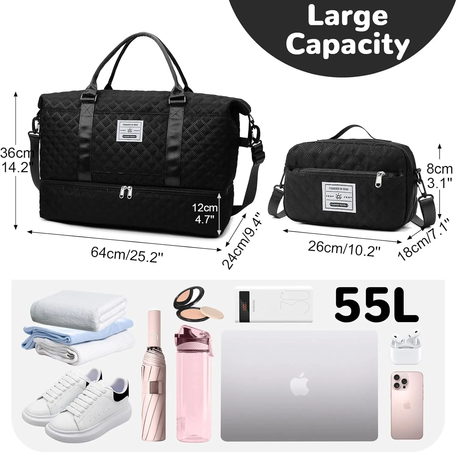 55L Large Women Travel Duffle Bag, Carry on Overnight Weekender Toto Bags with Wet Pocket Toiletry Shoe Compartment, Hospital Bag for Women Labor Delivery, Black