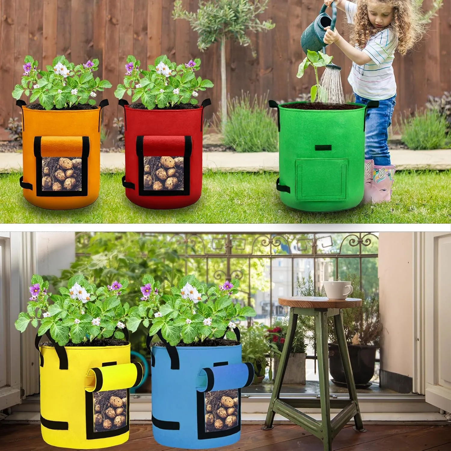 5Packs 10Gal Colorful Potato Grow Bags, Heavy Duty Potato Bags for Growing Potatoes, Potato Planter, Non-Woven Fabric, Muticolor