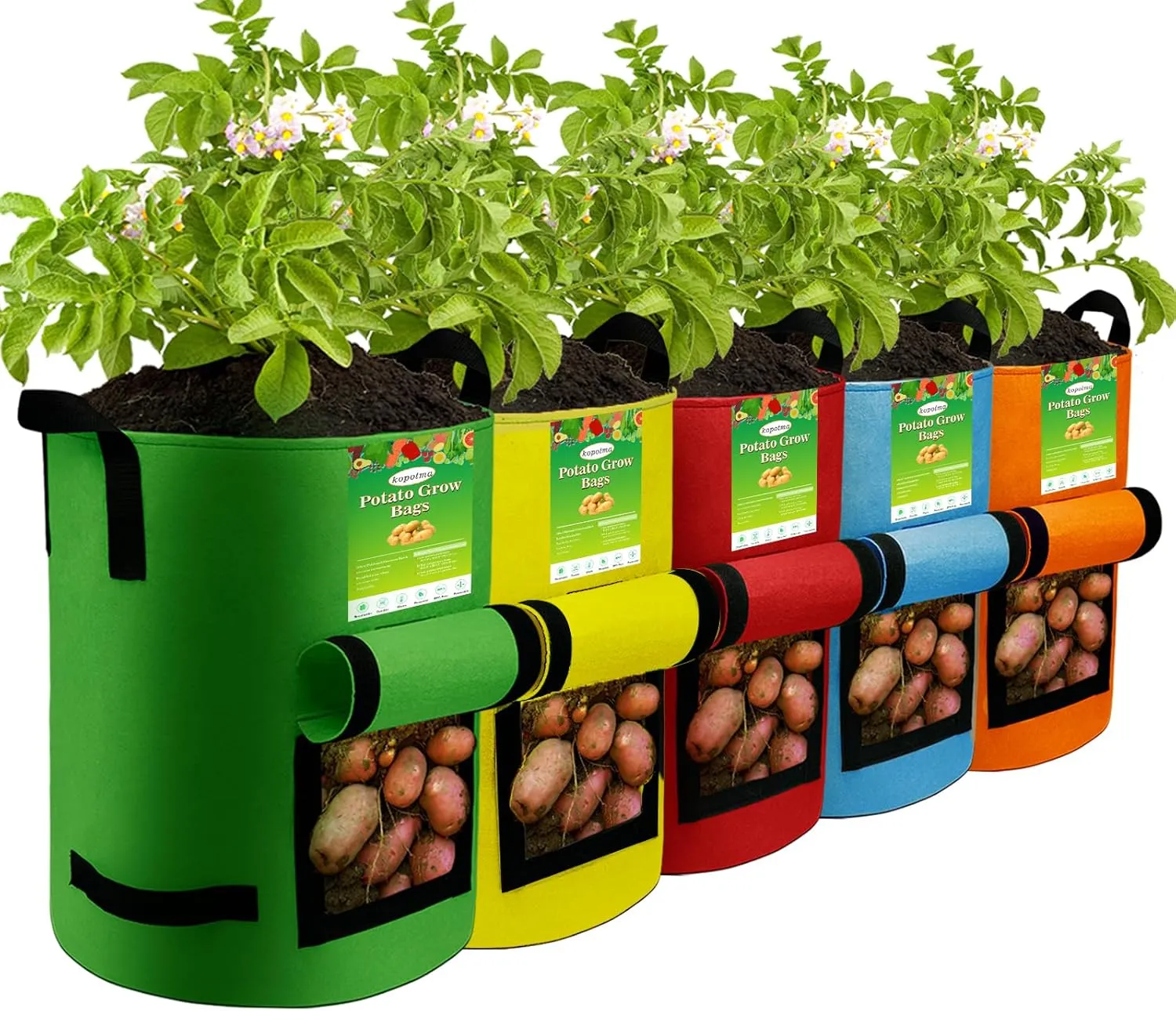 5Packs 10Gal Colorful Potato Grow Bags, Heavy Duty Potato Bags for Growing Potatoes, Potato Planter, Non-Woven Fabric, Muticolor