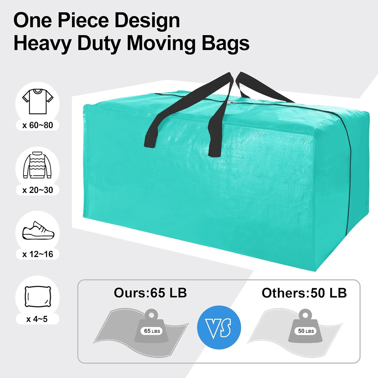 6 Pack Heavy Duty Large Moving Bags W/Backpack Straps - Strong Handles & Zippers, Storage Totes For Space Saving, Fold Flat, Alternative to Moving Box and Storage Bin, Aquamarine
