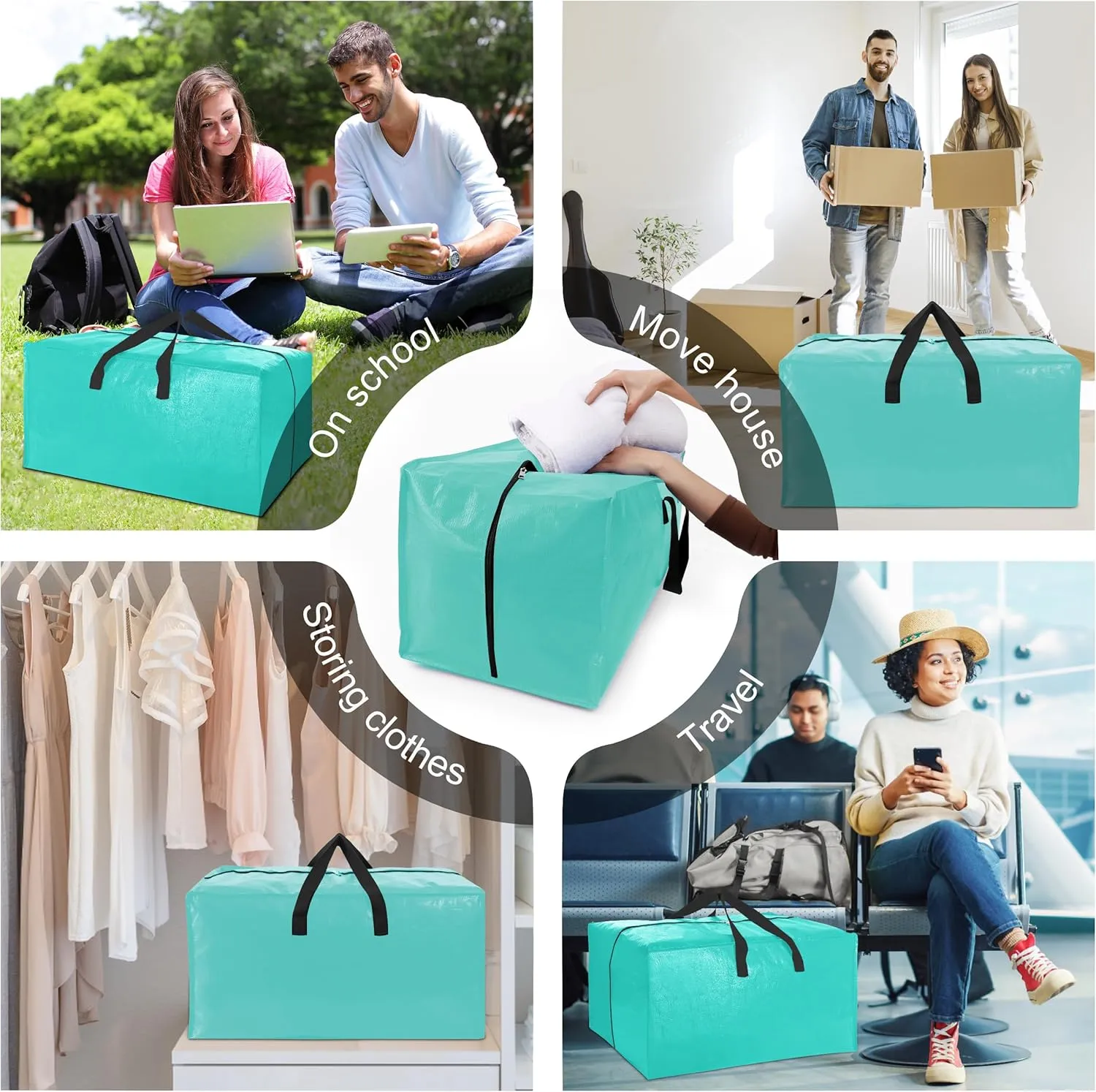 6 Pack Heavy Duty Large Moving Bags W/Backpack Straps - Strong Handles & Zippers, Storage Totes For Space Saving, Fold Flat, Alternative to Moving Box and Storage Bin, Aquamarine