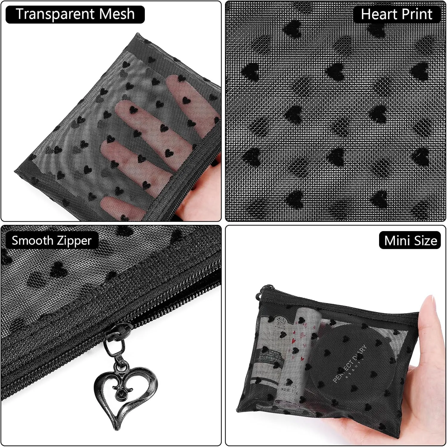 6 Pack Mini Zipper Mesh Makeup Bags, Heart Print Nylon Cosmetic Bags Toiletry Bags for Office Travel Organization (Black, M)