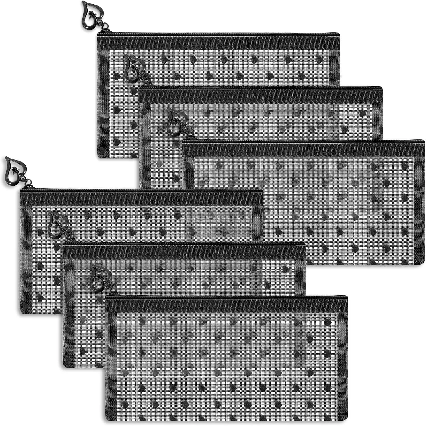 6 Pack Mini Zipper Mesh Makeup Bags, Heart Print Nylon Cosmetic Bags Toiletry Bags for Office Travel Organization (Black, M)