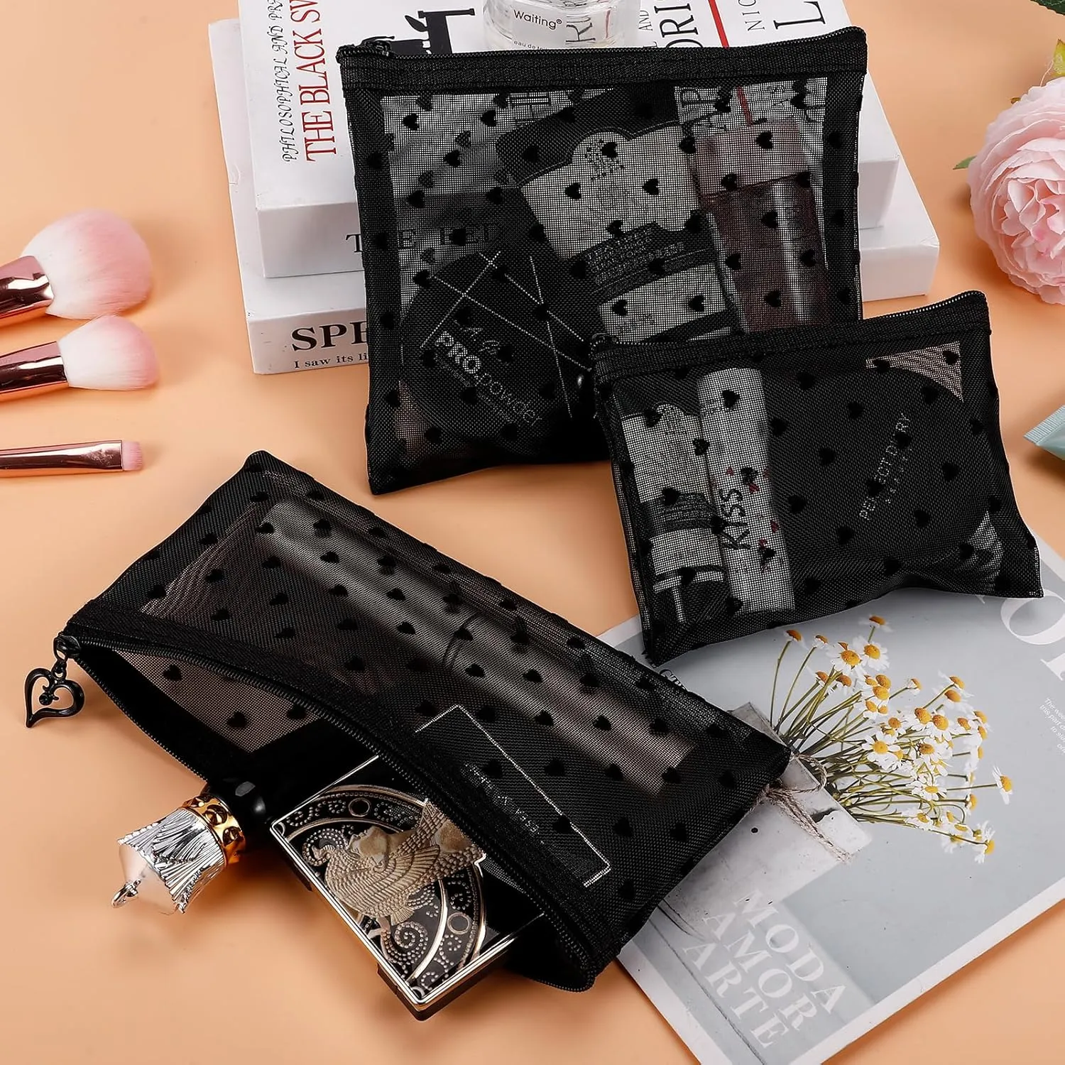 6 Pack Mini Zipper Mesh Makeup Bags, Heart Print Nylon Cosmetic Bags Toiletry Bags for Office Travel Organization (Black, M)
