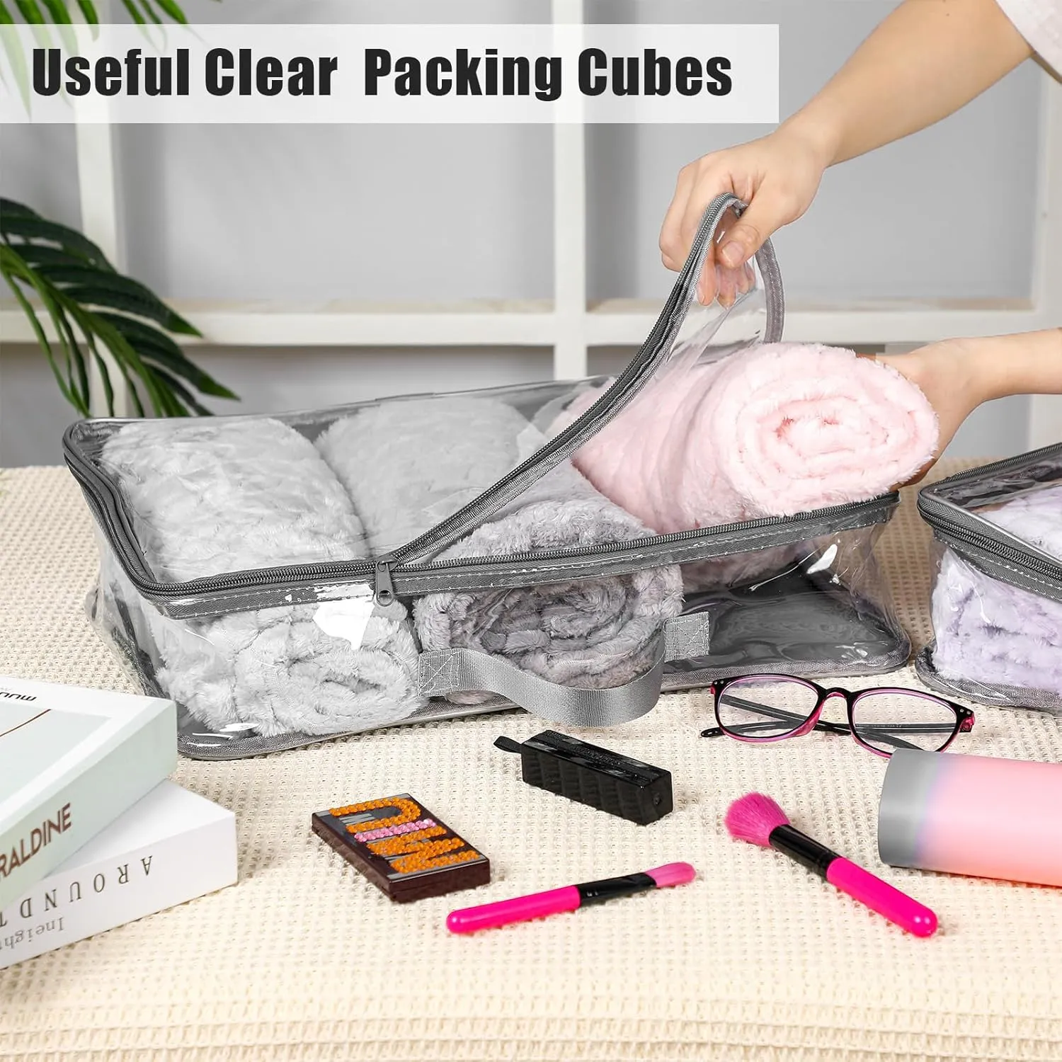6 Pieces Large Clear Travel Packing Cube Clear Vinyl Zippered Storage Bags See Through Moving Bag PVC Multipurpose Pouch with Handle for Suitcase Shirts Dress Storage (Gray, 15.8 x 10.2 x 3.9 Inch)