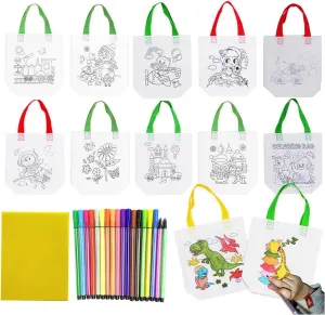 65 Pack Graffiti Goodie Bags for Kids Birthday Party Favors, Color Your Own Tote, Eco Reusable Coloring Art Party (40 Bags   24 Color Pens   1 Pad)