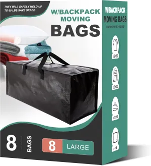 8 Pack Heavy Duty Moving Bags, Extra Large Storage Totes W/Backpack Straps Strong Handles & Zippers, Alternative to Moving Boxes, Moving Supplies for Dorm Room Essentials, Black