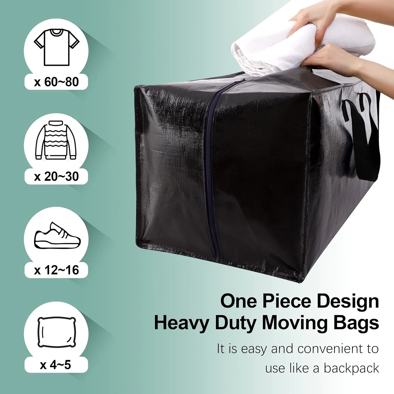 8 Pack Heavy Duty Moving Bags, Extra Large Storage Totes W/Backpack Straps Strong Handles & Zippers, Alternative to Moving Boxes, Moving Supplies for Dorm Room Essentials, Black