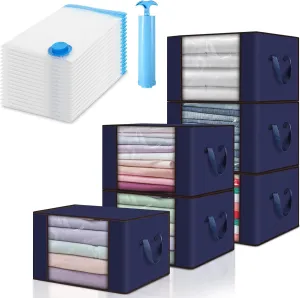 8 Pcs Large Storage Bags and 24 Pcs Vacuum Storage Bags with 1pcs Air Hand Pump for Moving Camping Clothing Storage Travel Bedroom, Closet, Organization and Storage with Lids and Handle