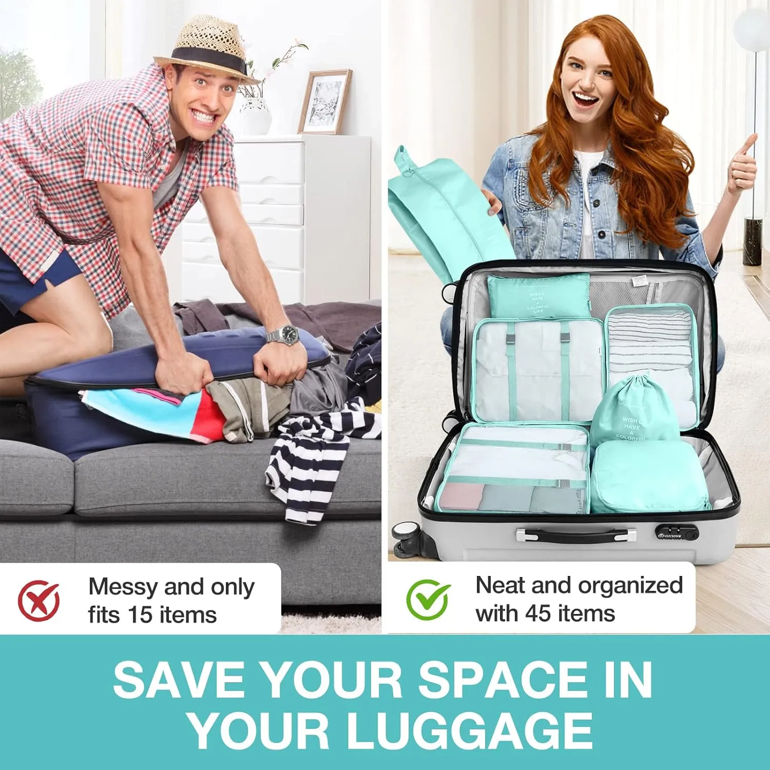 8 Set Packing Cubes for Suitcases, Packing Cube with Shoe, Cosmetics, Clothing, and Accessories Bags Packing Cubes for Travel Luggage Organizer(Blue-Green)
