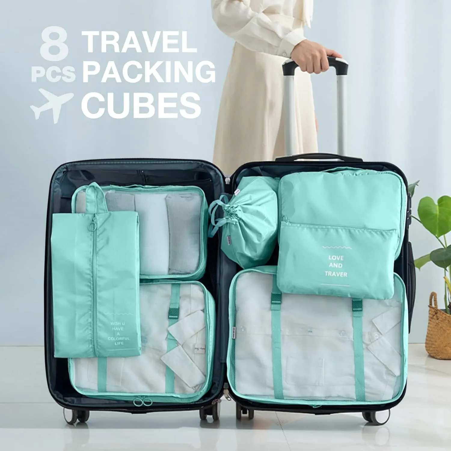 8 Set Packing Cubes for Suitcases, Packing Cube with Shoe, Cosmetics, Clothing, and Accessories Bags Packing Cubes for Travel Luggage Organizer(Blue-Green)