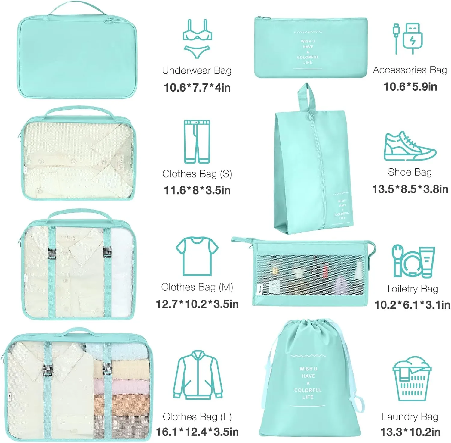 8 Set Packing Cubes for Suitcases, Packing Cube with Shoe, Cosmetics, Clothing, and Accessories Bags Packing Cubes for Travel Luggage Organizer(Blue-Green)