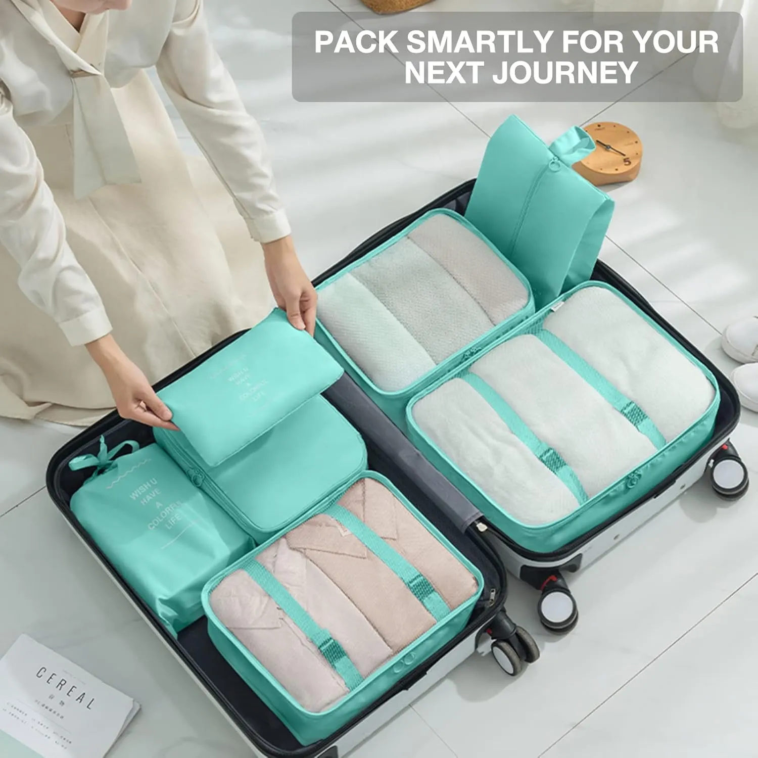 8 Set Packing Cubes for Suitcases, Packing Cube with Shoe, Cosmetics, Clothing, and Accessories Bags Packing Cubes for Travel Luggage Organizer(Blue-Green)