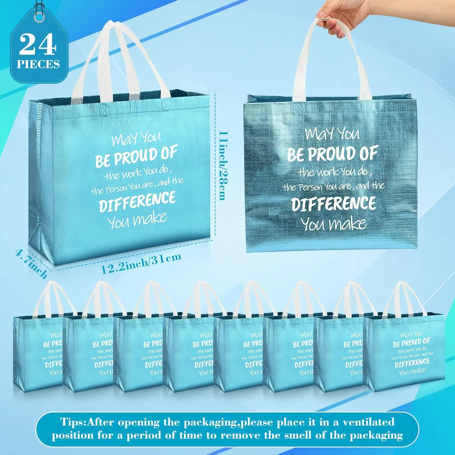 Abbylike 24 Pcs Glossy Thank You Reusable Gift Bags Bulk 12.2 x 4.7 x 11 Inches Employee Appreciation Gift Bag with Handle May You Be Proud for Teacher Student Coworker Secretary Assistant(Blue)