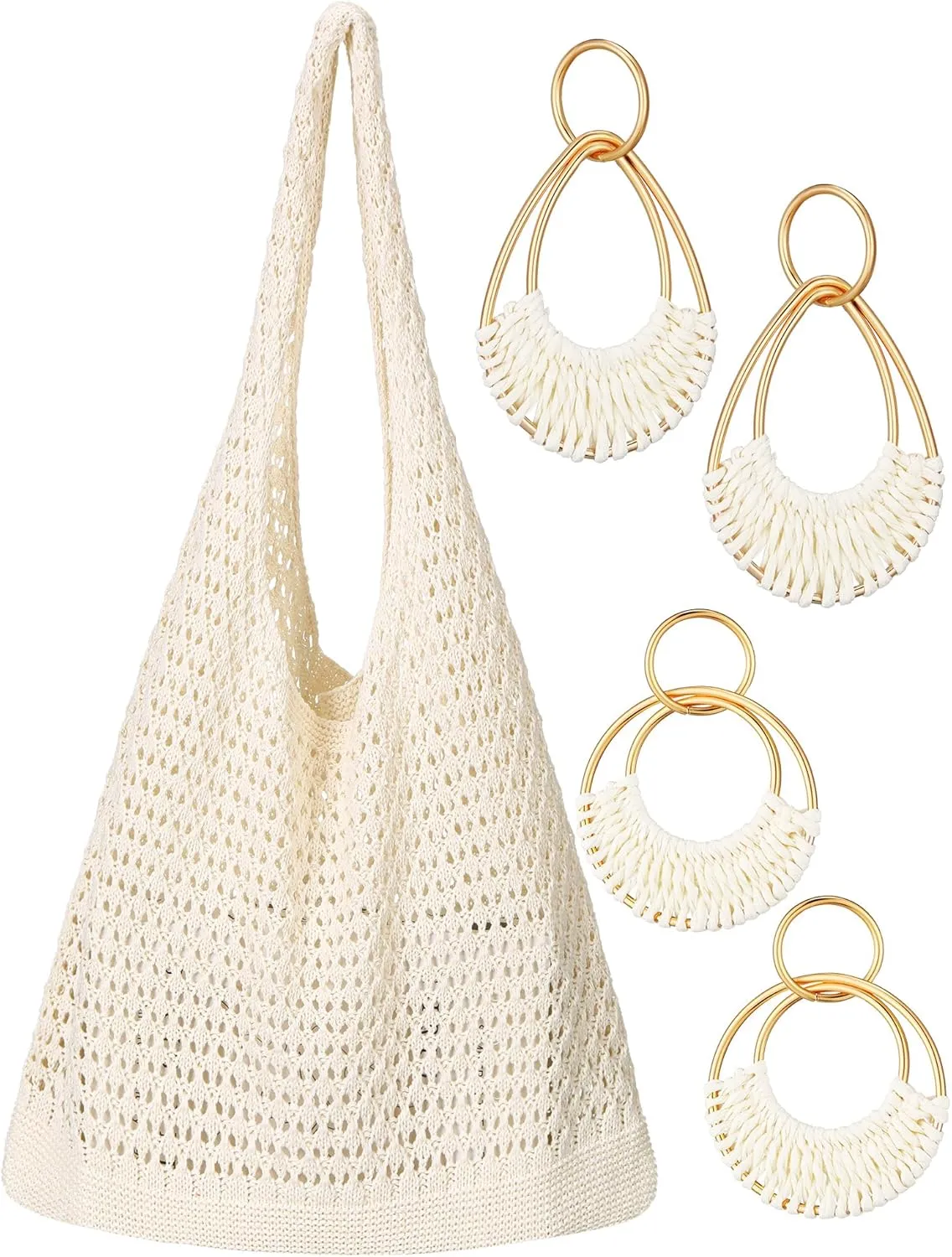 Abbylike Beach Totes Bags for Women Canvas Beach Bags with 2 Pairs Rattan Earrings Tropical Vacation Outfits for Women
