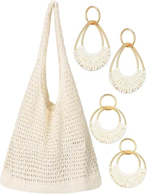 Abbylike Beach Totes Bags for Women Canvas Beach Bags with 2 Pairs Rattan Earrings Tropical Vacation Outfits for Women