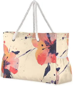 Abstract Floral Splash Art Beach Tote Bag - Waterproof Travel Bag with PVC Compartment, Oversized Pool Tote for Vacation Essentials, Vintage Nylon Beach Accessory for Multipurpose Storage