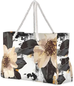 Abstract Flower Duo Beach Tote Bag - Waterproof Travel Bag with PVC Compartment, Oversized Pool Tote for Vacation Essentials, Vintage Nylon Beach Accessory for Multipurpose Storage