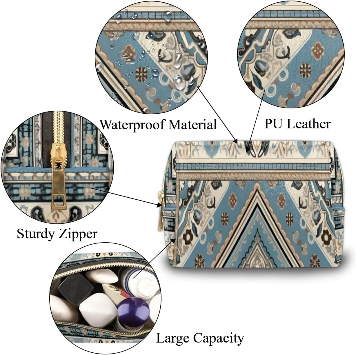 Abstract Printing Boho Flora Travel Makeup Bag for Women, PU Leather Waterproof Checkered Cosmetic Bags Large Make up Bag Zipper Pouch