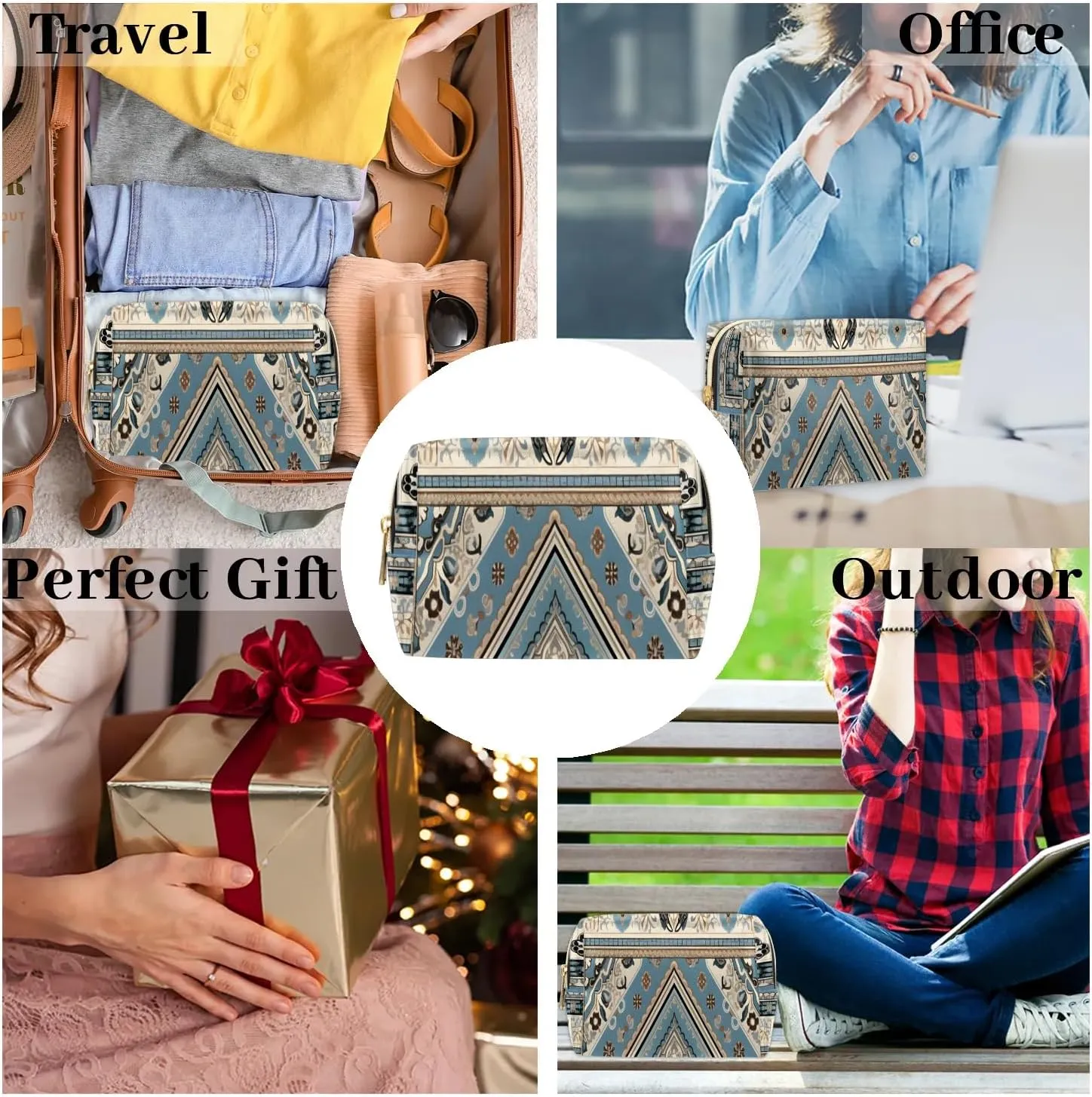 Abstract Printing Boho Flora Travel Makeup Bag for Women, PU Leather Waterproof Checkered Cosmetic Bags Large Make up Bag Zipper Pouch