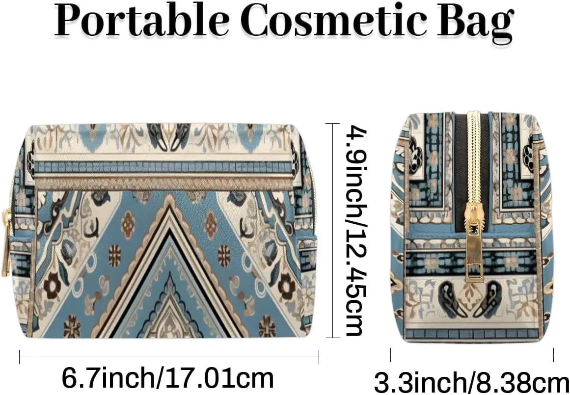 Abstract Printing Boho Flora Travel Makeup Bag for Women, PU Leather Waterproof Checkered Cosmetic Bags Large Make up Bag Zipper Pouch