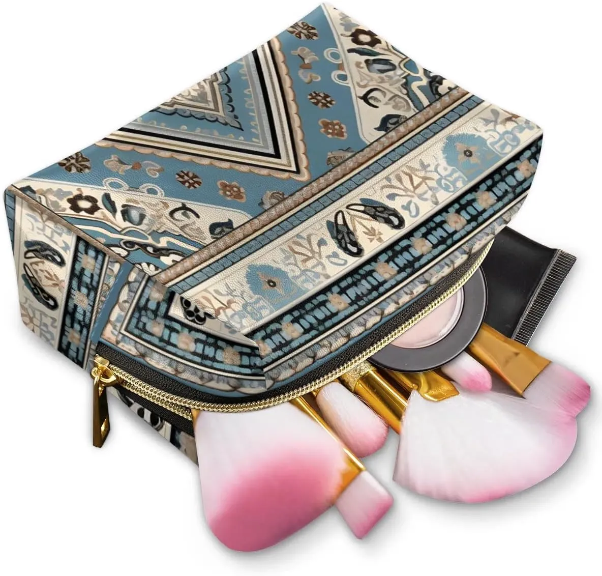 Abstract Printing Boho Flora Travel Makeup Bag for Women, PU Leather Waterproof Checkered Cosmetic Bags Large Make up Bag Zipper Pouch