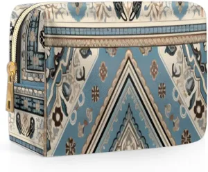 Abstract Printing Boho Flora Travel Makeup Bag for Women, PU Leather Waterproof Checkered Cosmetic Bags Large Make up Bag Zipper Pouch