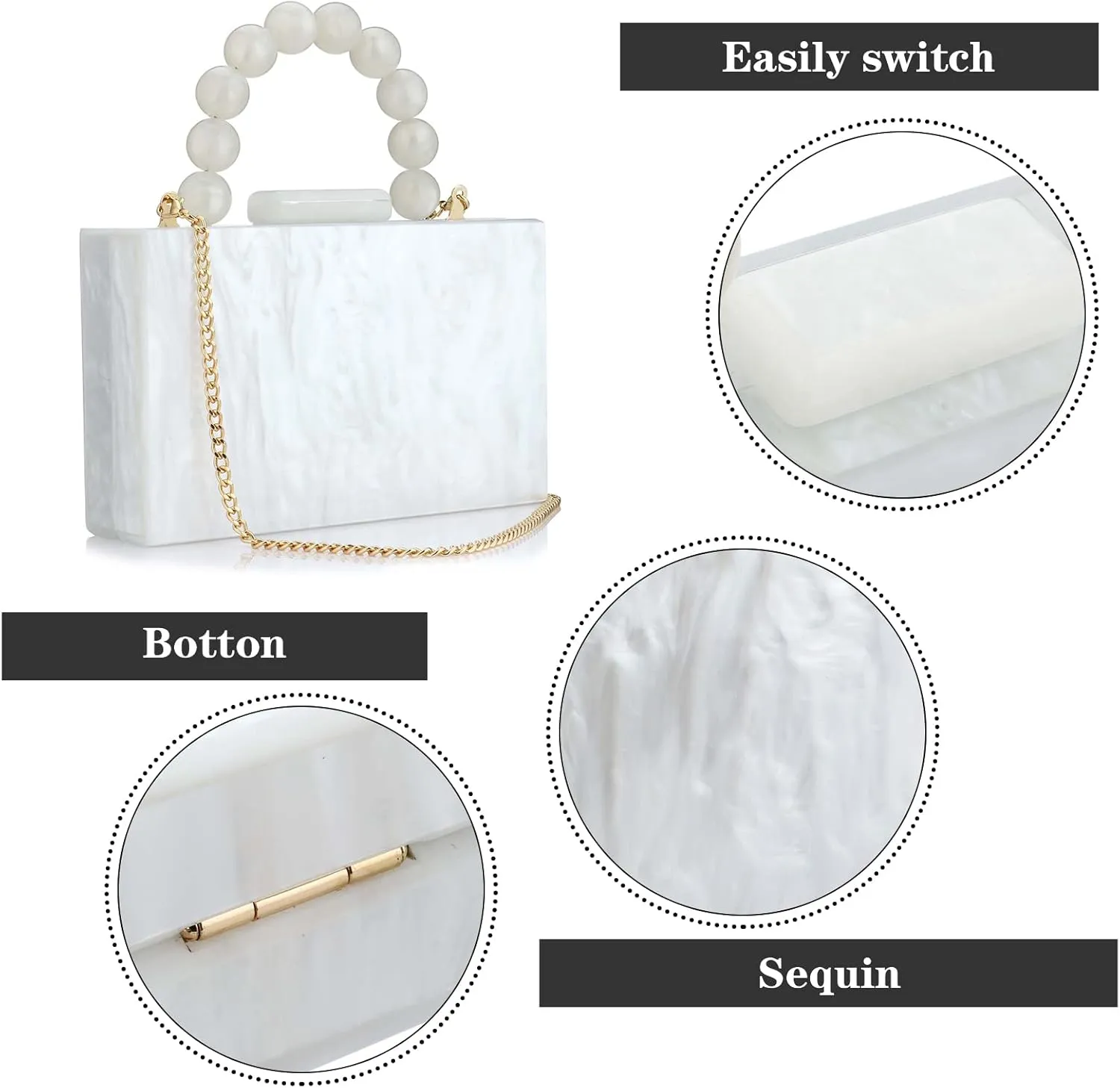 Acrylic Purses Evening Clutch Bag Marbling Handbags for Women Cross Body Bag with Pearl Chain Formal Wedding Prom Party