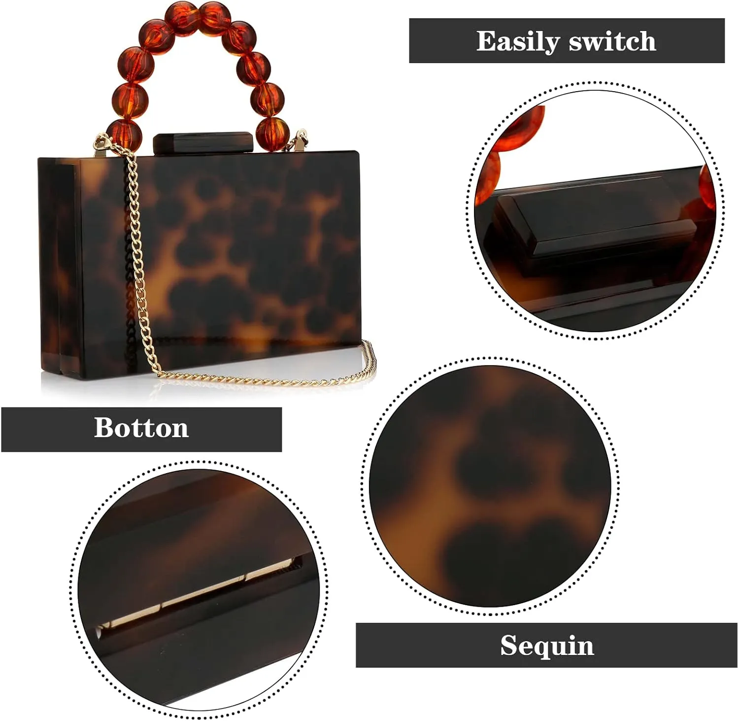 Acrylic Purses Evening Clutch Bag Marbling Handbags for Women Cross Body Bag with Pearl Chain Formal Wedding Prom Party